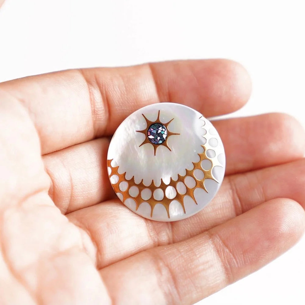 Maki-e Urushi Lacquer Brooch - White South Sea Pearl Shell / Sunshine -, Traditional Japanese Urushi Lacquer Jewelry