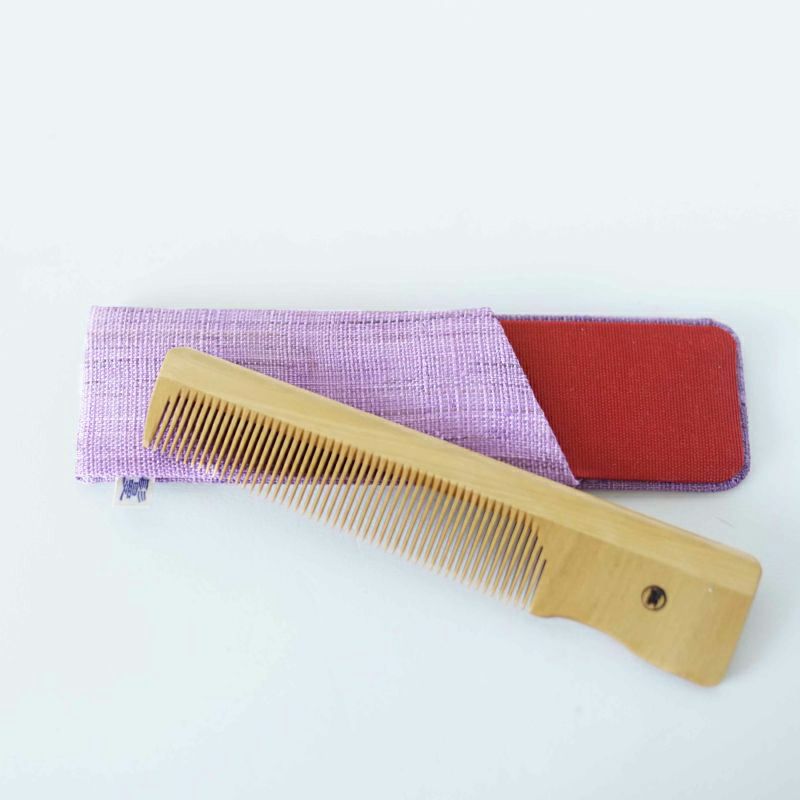 Japanese Akane (Madder) Comb with Hand Woven Linen Case, Handmade in Kyoto, Japan, Japanese traditional hair comb