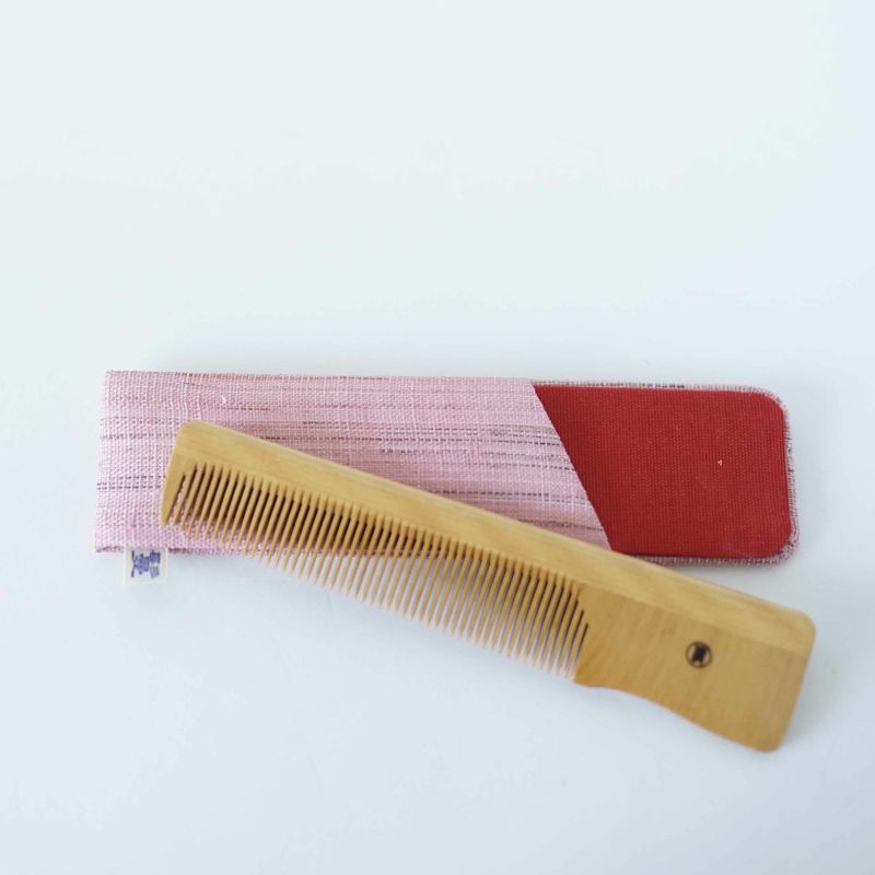 Japanese Akane (Madder) Comb with Hand Woven Linen Case, Handmade in Kyoto, Japan, Japanese traditional hair comb