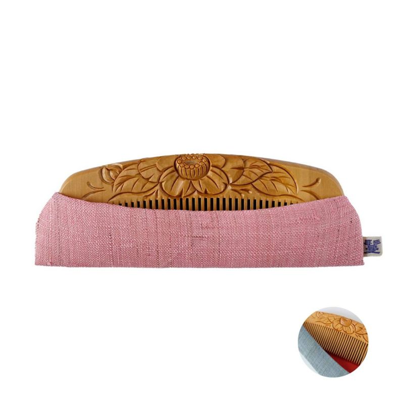 Japanese Tsuge (Boxwood) Comb with Hand Woven Linen Case - Camellia - , Handmade in Kyoto, Japan, Japanese traditional hair comb