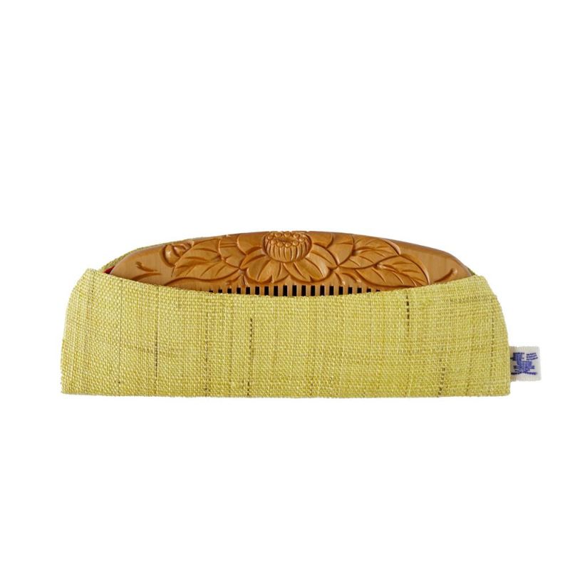 Japanese Tsuge (Boxwood) Comb with Hand Woven Linen Case - Camellia - , Handmade in Kyoto, Japan, Japanese traditional hair comb