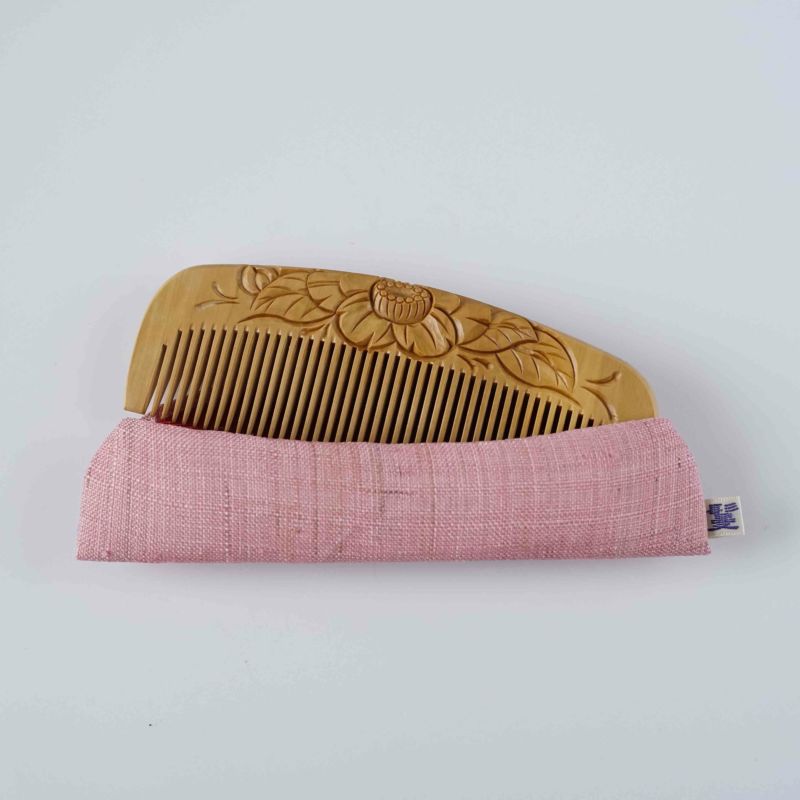 Japanese Tsuge (Boxwood) Comb with Hand Woven Linen Case - Camellia - , Handmade in Kyoto, Japan, Japanese traditional hair comb