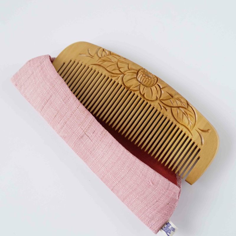 Japanese Tsuge (Boxwood) Comb with Hand Woven Linen Case - Camellia - , Handmade in Kyoto, Japan, Japanese traditional hair comb