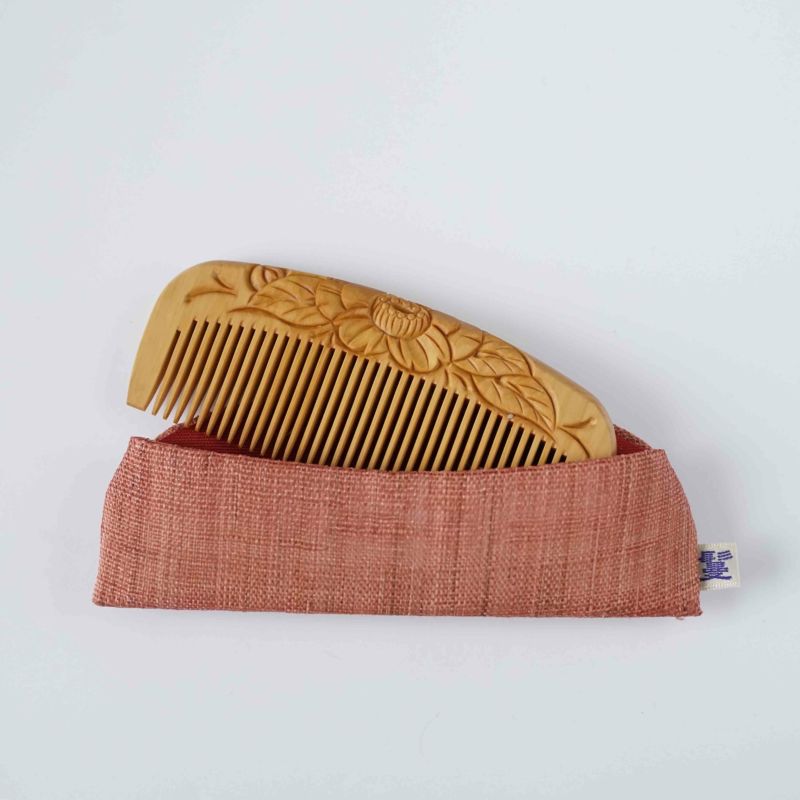 Japanese Tsuge (Boxwood) Comb with Hand Woven Linen Case - Camellia - , Handmade in Kyoto, Japan, Japanese traditional hair comb