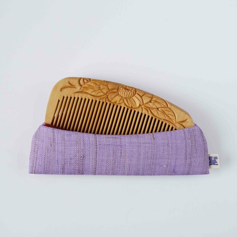 Japanese Tsuge (Boxwood) Comb with Hand Woven Linen Case - Camellia - , Handmade in Kyoto, Japan, Japanese traditional hair comb