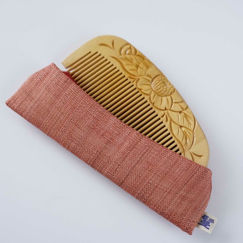 Japanese Tsuge (Boxwood) Comb with Hand Woven Linen Case - Camellia - , Handmade in Kyoto, Japan, Japanese traditional hair comb