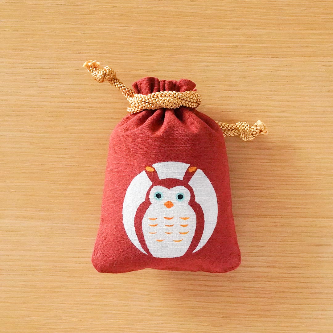 Katazome Small Talisman Bag - Red Horned Owl -, Drawstring Pouch, Japanese traditional craft bag