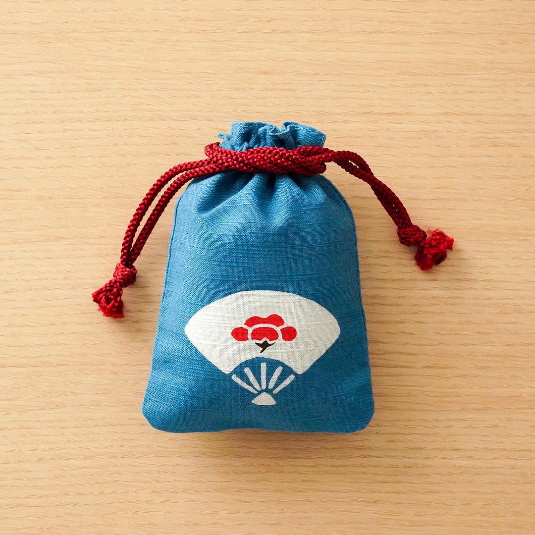Katazome Small Talisman Bag - Fan and Japanese Apricot -, Drawstring Pouch, Japanese traditional craft bag