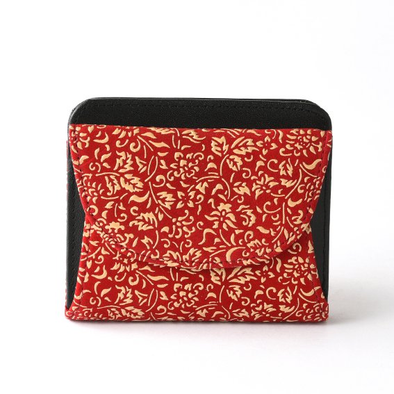 Koshu Inden Japanese Deerskin Leather with Urushi (Japanese Lacquer) Fold Wallet - Flower Arabesque Pattern / Red - , Made in Japan, Japanese Leather Wallet
