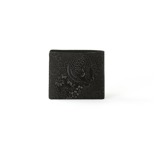 Koshu Inden Japanese Deerskin Leather with Urushi (Japanese Lacquer) Fold Wallet - Crane and Turtle / Gray-Black - , Made in Japan, Japanese Leather Wallet