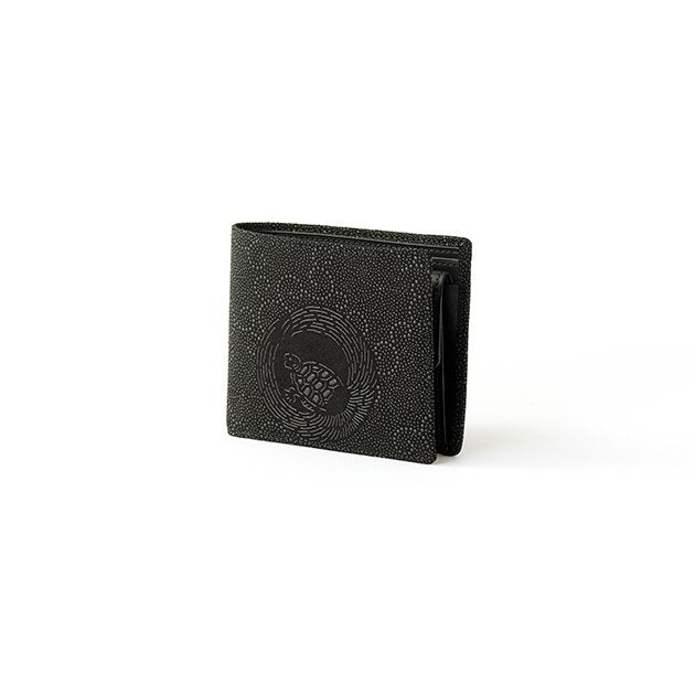 Koshu Inden Japanese Deerskin Leather with Urushi (Japanese Lacquer) Fold Wallet - Crane and Turtle / Gray-Black - , Made in Japan, Japanese Leather Wallet