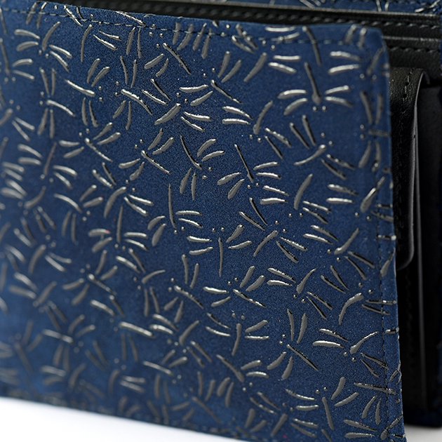 Koshu Inden Japanese Deerskin Leather with Urushi (Japanese Lacquer) Fold Wallet - Dragonfly / Deep Indigo - , Made in Japan, Japanese Leather Wallet