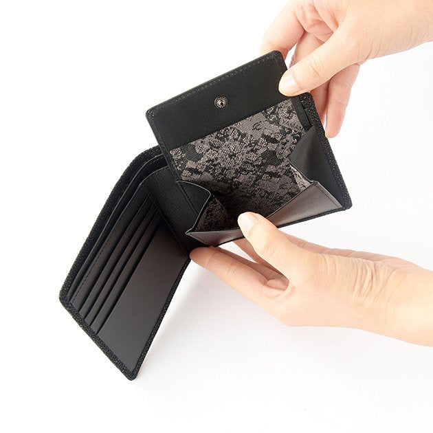 Koshu Inden Japanese Deerskin Leather with Urushi (Japanese Lacquer) Fold Wallet - Crane and Turtle / Gray-Black - , Made in Japan, Japanese Leather Wallet