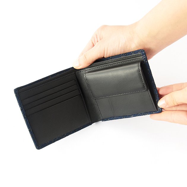 Koshu Inden Japanese Deerskin Leather with Urushi (Japanese Lacquer) Fold Wallet - Dragonfly / Deep Indigo - , Made in Japan, Japanese Leather Wallet