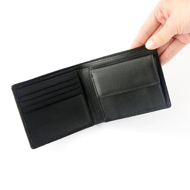 Koshu Inden Japanese Deerskin Leather with Urushi (Japanese Lacquer) Fold Wallet - Crane and Turtle / Gray-Black - , Made in Japan, Japanese Leather Wallet