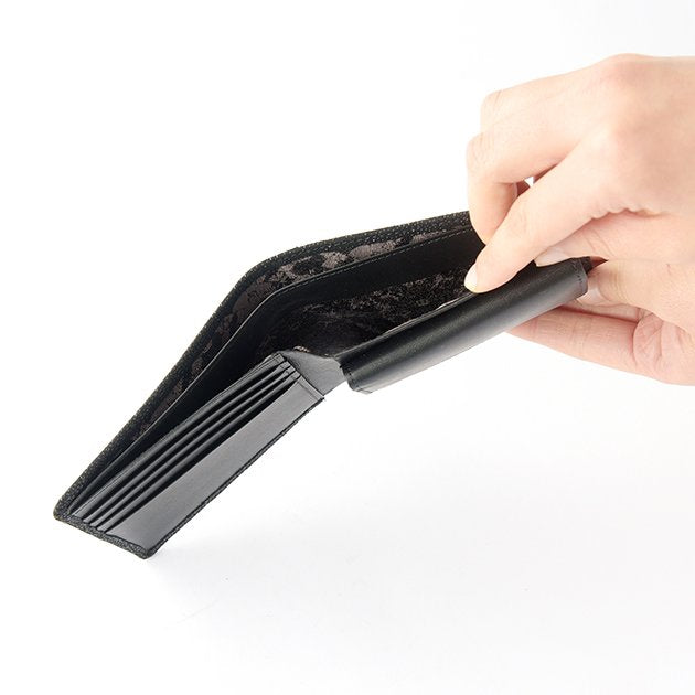 Koshu Inden Japanese Deerskin Leather with Urushi (Japanese Lacquer) Fold Wallet - Crane and Turtle / Gray-Black - , Made in Japan, Japanese Leather Wallet