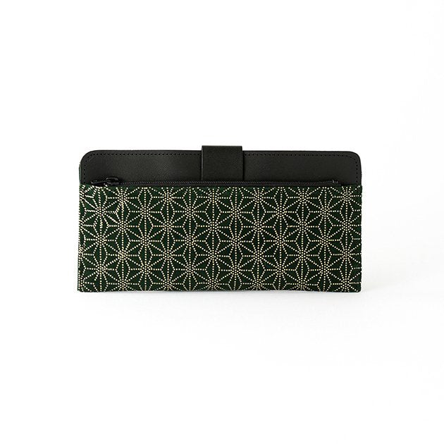 Koshu Inden Japanese Deerskin Leather with Urushi (Japanese Lacquer) Long Wallet - Asanoha (hemp leaf) Pattern / Dark Green - , Made in Japan, Japanese Leather Wallet