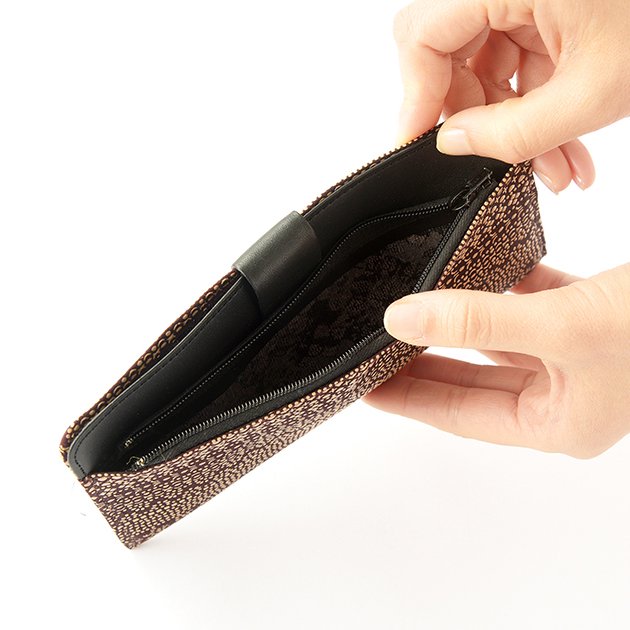 Koshu Inden Japanese Deerskin Leather with Urushi (Japanese Lacquer) Long Wallet - Tsumugi (traditional Japanese silk fabric) Pattern / Dusky purple - , Made in Japan, Japanese Leather Wallet