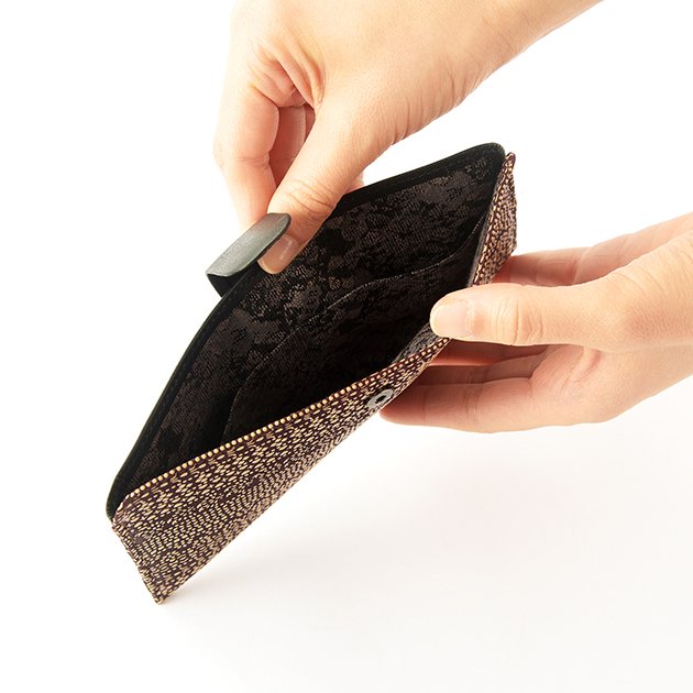 Koshu Inden Japanese Deerskin Leather with Urushi (Japanese Lacquer) Long Wallet - Tsumugi (traditional Japanese silk fabric) Pattern / Dusky purple - , Made in Japan, Japanese Leather Wallet