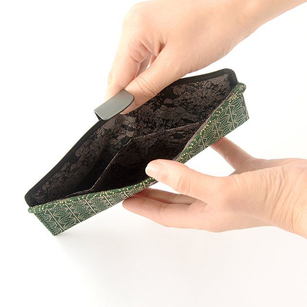 Koshu Inden Japanese Deerskin Leather with Urushi (Japanese Lacquer) Long Wallet - Asanoha (hemp leaf) Pattern / Dark Green - , Made in Japan, Japanese Leather Wallet