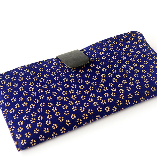 Koshu Inden Japanese Deerskin Leather with Urushi (Japanese Lacquer) Long Wallet - Cherry Blossom / Navy -