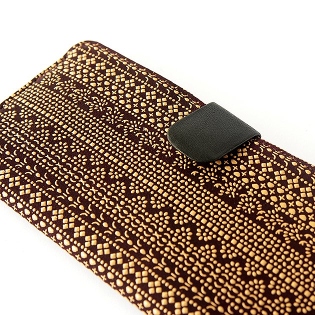 Koshu Inden Japanese Deerskin Leather with Urushi (Japanese Lacquer) Long Wallet - Tsumugi (traditional Japanese silk fabric) Pattern / Dusky purple - , Made in Japan, Japanese Leather Wallet