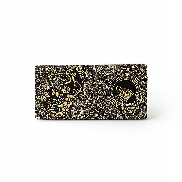 Koshu Inden Japanese Deerskin Leather with Urushi (Japanese Lacquer) Long Wallet - Crane and Turtle / Gray-Black - , Made in Japan, Japanese Leather Wallet