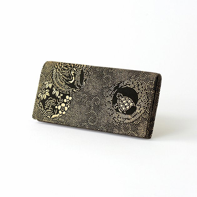Koshu Inden Japanese Deerskin Leather with Urushi (Japanese Lacquer) Long Wallet - Crane and Turtle / Gray-Black - , Made in Japan, Japanese Leather Wallet