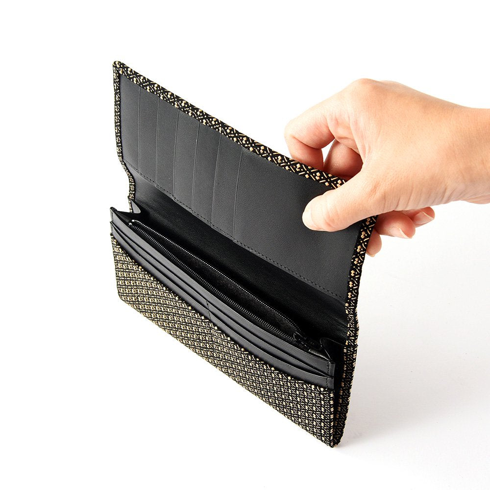 Koshu Inden Japanese Deerskin Leather with Urushi (Japanese Lacquer) Long Wallet - Gourd Pattern / Gray-Black - , Made in Japan, Japanese Leather Wallet