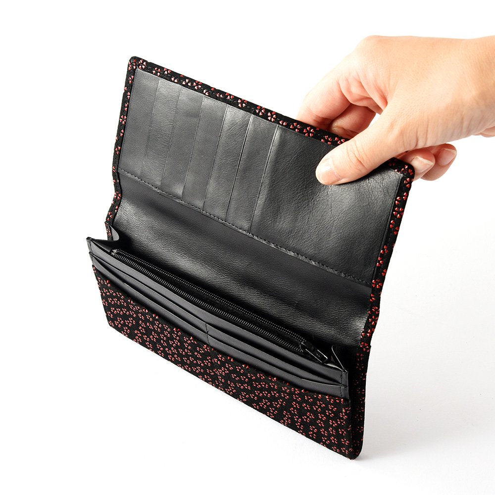 Koshu Inden Japanese Deerskin Leather with Urushi (Japanese Lacquer) Long Wallet - Cherry Blossom / Gray-Black - , Made in Japan, Japanese Leather Wallet