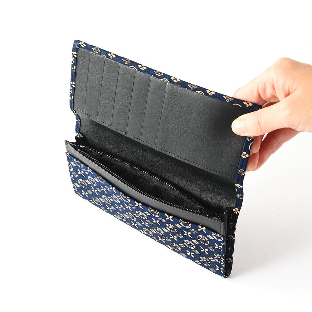 Koshu Inden Japanese Deerskin Leather with Urushi (Japanese Lacquer) Long Wallet - Mt.Fuji pattern / Iron Blue - , Made in Japan, Japanese Leather Wallet