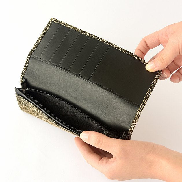 Koshu Inden Japanese Deerskin Leather with Urushi (Japanese Lacquer) Long Wallet - Crane and Turtle / Gray-Black - , Made in Japan, Japanese Leather Wallet