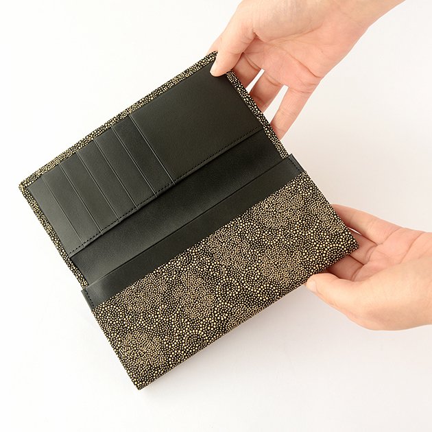 Koshu Inden Japanese Deerskin Leather with Urushi (Japanese Lacquer) Long Wallet - Crane and Turtle / Gray-Black - , Made in Japan, Japanese Leather Wallet