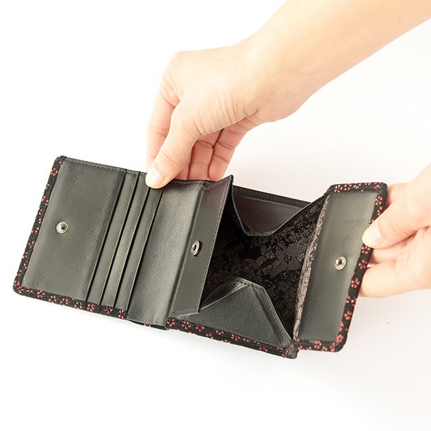 Koshu Inden Japanese Deerskin Leather with Urushi (Japanese Lacquer) Trifold Wallet - Cherry Blossom / Gray-Black - , Made in Japan, Japanese Leather Wallet