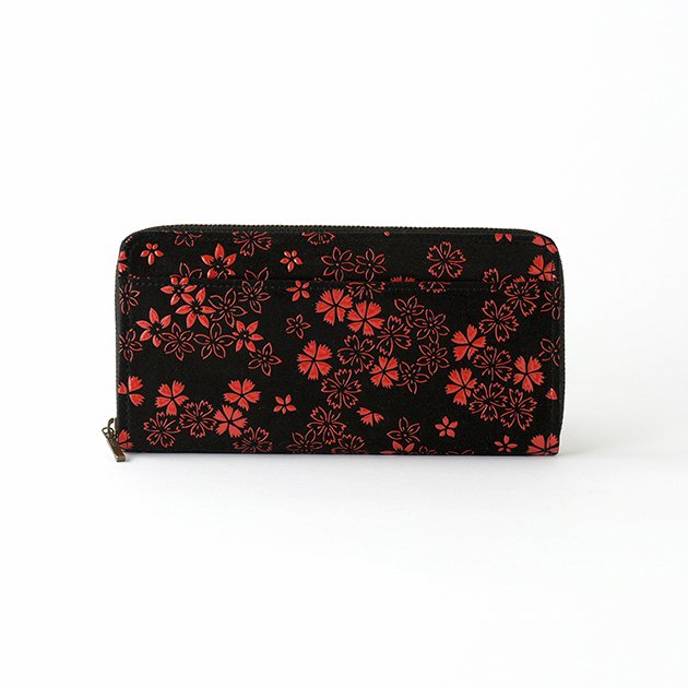 Koshu Inden Japanese Deerskin Leather with Urushi (Japanese Lacquer) U-Zip Long Wallet - Cherry Blossom / Gray-Black - , Made in Japan, Japanese Leather Wallet