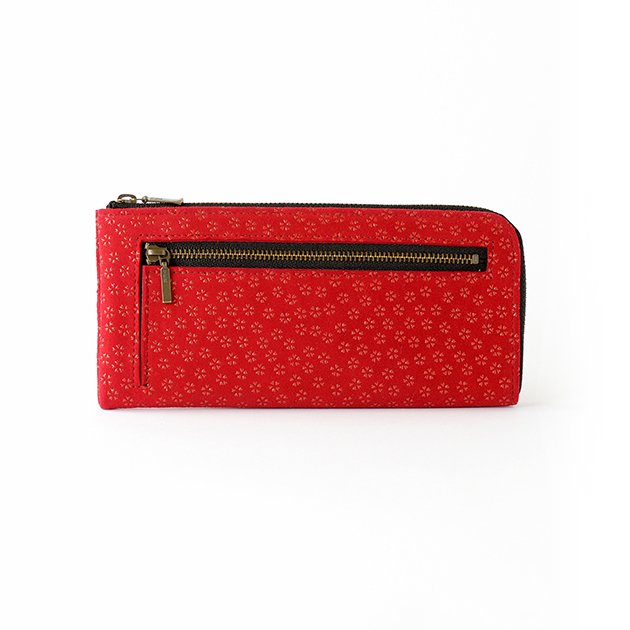 Koshu Inden Japanese Deerskin Leather with Urushi (Japanese Lacquer) L-Zip Long Wallet - Cherry Blossom / Red - , Made in Japan, Japanese Leather Wallet