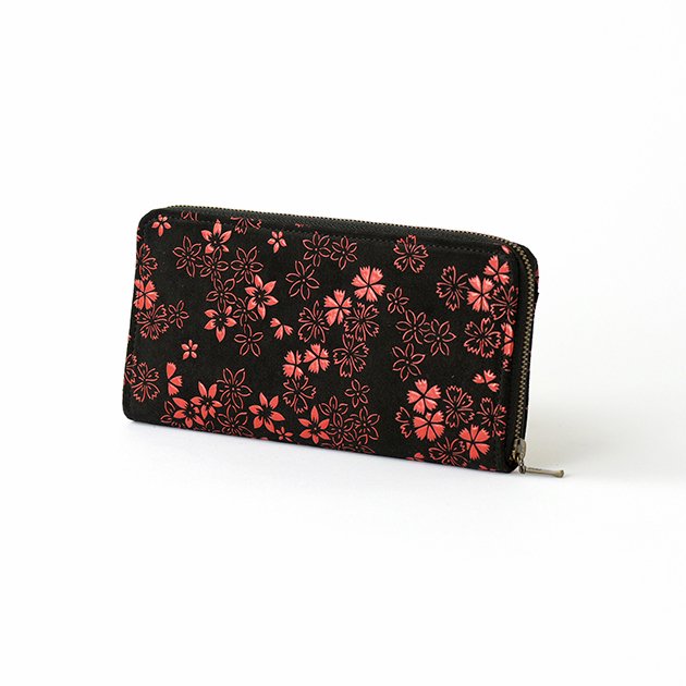 Koshu Inden Japanese Deerskin Leather with Urushi (Japanese Lacquer) U-Zip Long Wallet - Cherry Blossom / Gray-Black - , Made in Japan, Japanese Leather Wallet