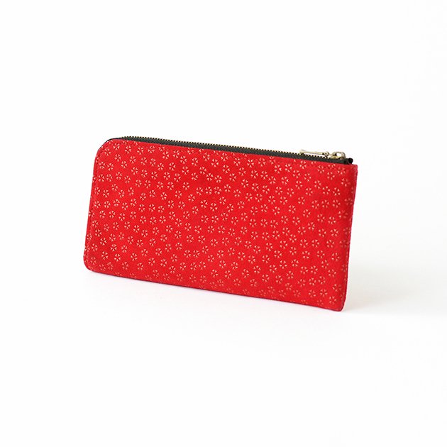 Koshu Inden Japanese Deerskin Leather with Urushi (Japanese Lacquer) L-Zip Long Wallet - Cherry Blossom / Red - , Made in Japan, Japanese Leather Wallet