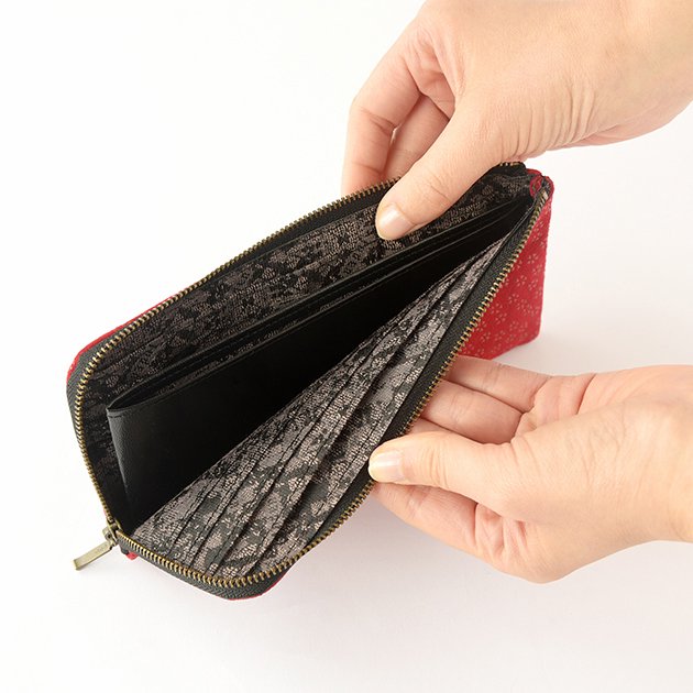 Koshu Inden Japanese Deerskin Leather with Urushi (Japanese Lacquer) L-Zip Long Wallet - Cherry Blossom / Red - , Made in Japan, Japanese Leather Wallet