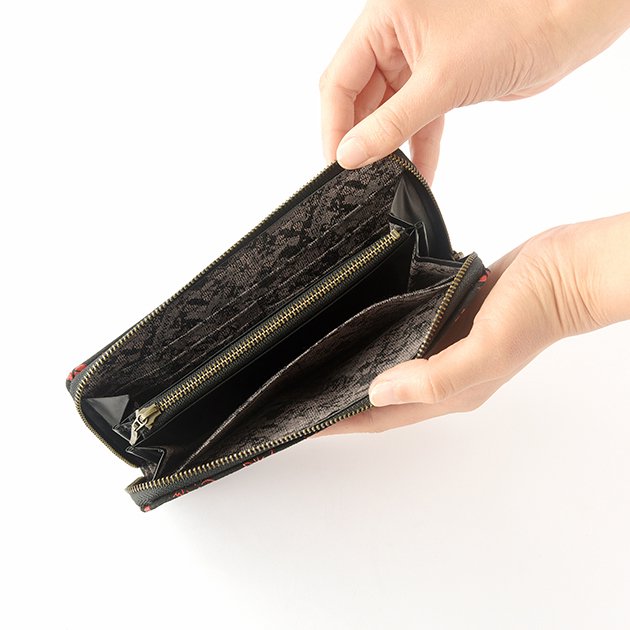 Koshu Inden Japanese Deerskin Leather with Urushi (Japanese Lacquer) U-Zip Long Wallet - Cherry Blossom / Gray-Black - , Made in Japan, Japanese Leather Wallet