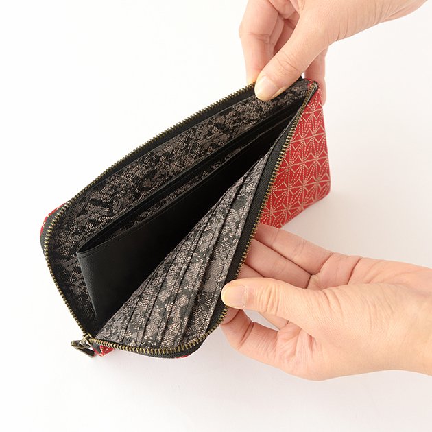 Koshu Inden Japanese Deerskin Leather with Urushi (Japanese Lacquer) L-Zip Long Wallet - Asanoha (hemp leaf) Pattern / Red - , Made in Japan, Japanese Leather Wallet