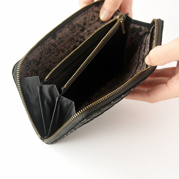 Koshu Inden Japanese Deerskin Leather with Urushi (Japanese Lacquer) U-Zip Long Wallet - Hishimon (Japanese Family Crest Pattern) / Gray-Black - , Made in Japan, Japanese Leather Wallet