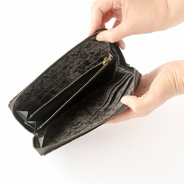 Koshu Inden Japanese Deerskin Leather with Urushi (Japanese Lacquer) U-Zip Long Wallet - Cherry Blossom / Gray-Black - , Made in Japan, Japanese Leather Wallet