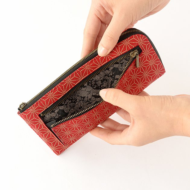 Koshu Inden Japanese Deerskin Leather with Urushi (Japanese Lacquer) L-Zip Long Wallet - Asanoha (hemp leaf) Pattern / Red - , Made in Japan, Japanese Leather Wallet