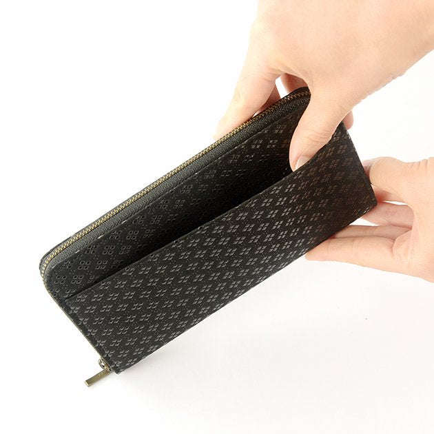 Koshu Inden Japanese Deerskin Leather with Urushi (Japanese Lacquer) U-Zip Long Wallet - Hishimon (Japanese Family Crest Pattern) / Gray-Black - , Made in Japan, Japanese Leather Wallet