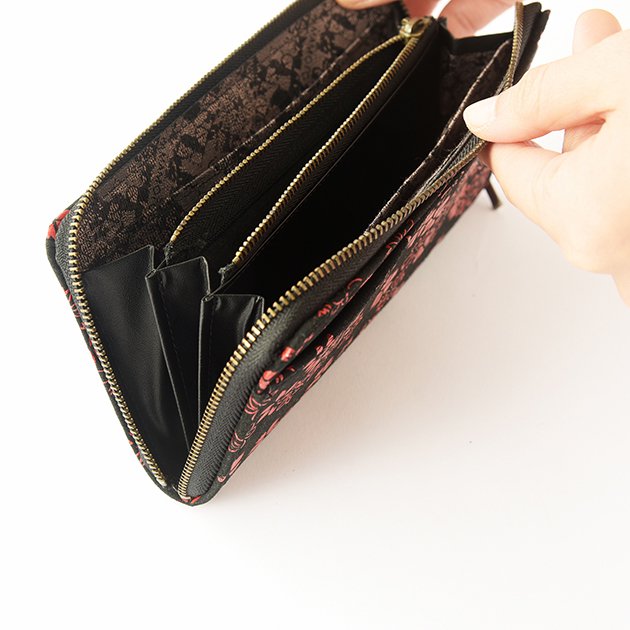 Koshu Inden Japanese Deerskin Leather with Urushi (Japanese Lacquer) U-Zip Long Wallet - Cherry Blossom / Gray-Black - , Made in Japan, Japanese Leather Wallet