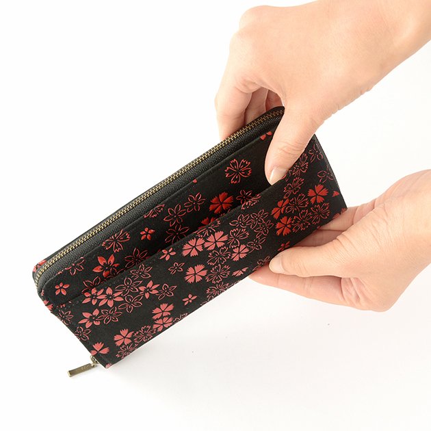 Koshu Inden Japanese Deerskin Leather with Urushi (Japanese Lacquer) U-Zip Long Wallet - Cherry Blossom / Gray-Black - , Made in Japan, Japanese Leather Wallet