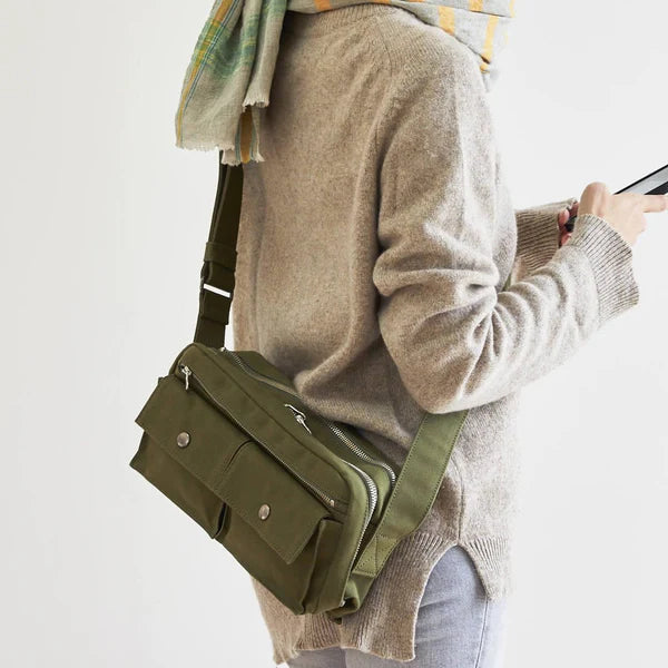 Kurashiki Hampu Canvas Shoulder Bag - Khaki -, Japanese canvas shoulder bag