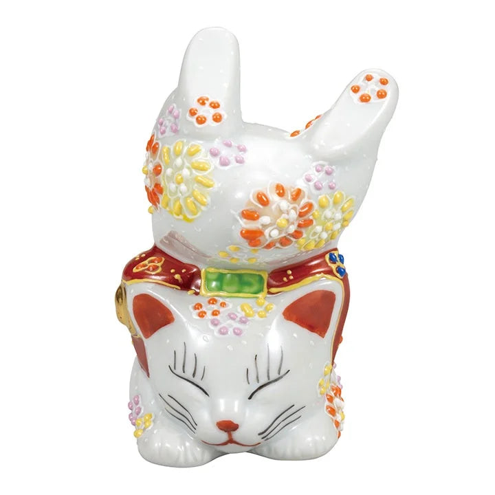 Kutani Yaki(ware) Japanese Maneki-Neko (Beckoning Cat) Figure - Handstand / Flower -, Japanese lucky cat figure