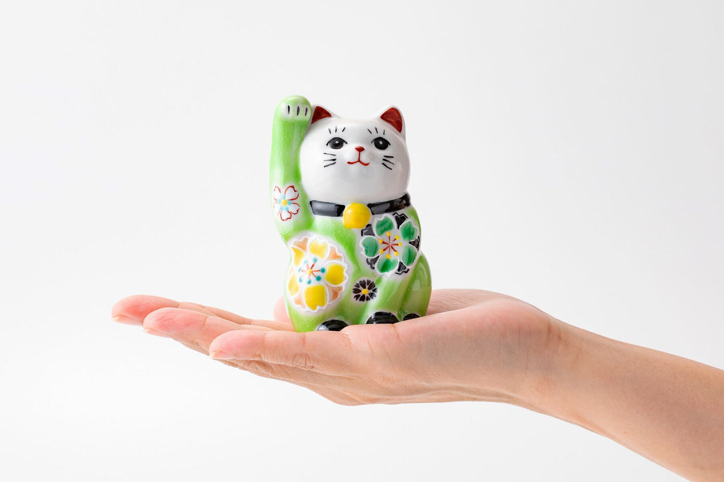 Kutani Yaki(ware) Japanese Maneki-Neko (Beckoning Cat) Figure - Cherry Blossom / Green -, Japanese lucky cat figure